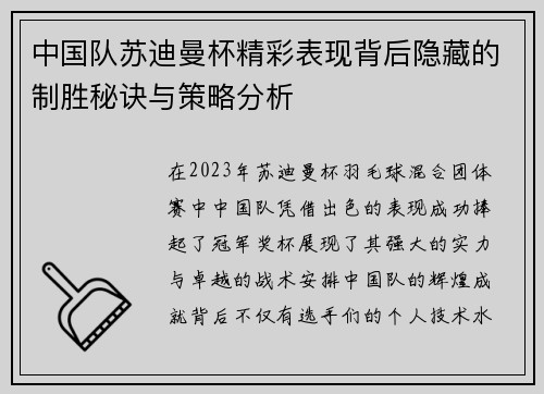 中国队苏迪曼杯精彩表现背后隐藏的制胜秘诀与策略分析