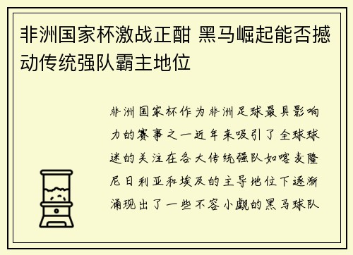 非洲国家杯激战正酣 黑马崛起能否撼动传统强队霸主地位