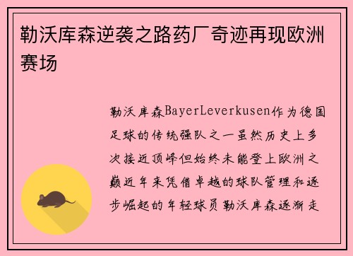 勒沃库森逆袭之路药厂奇迹再现欧洲赛场